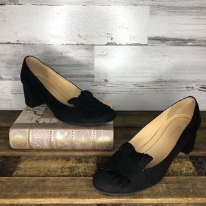 CL by Laundry black tassle loafer block heels